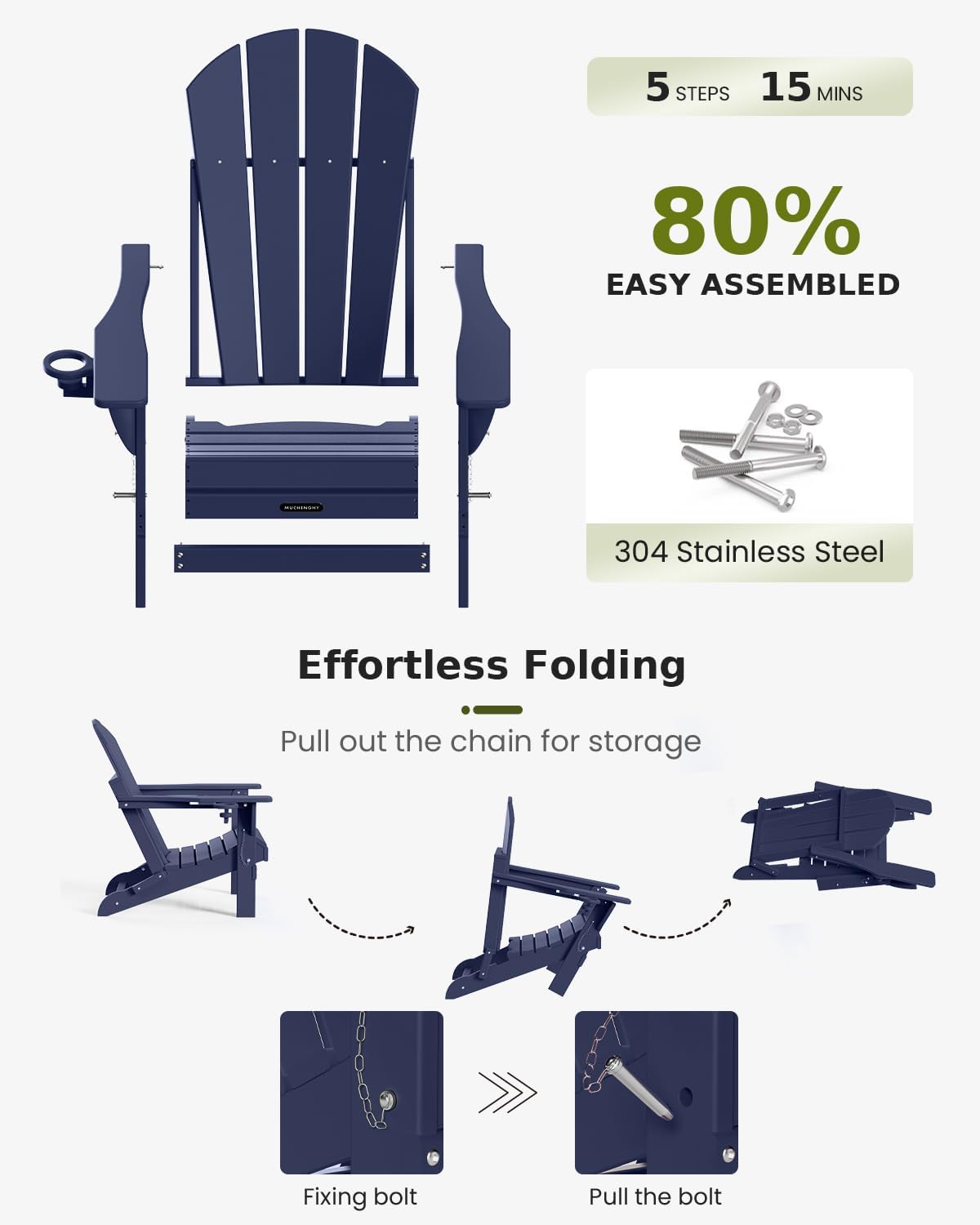 MUCHENGHY Folding Adirondack Chairs, Patio Chairs, Lawn Chairs, Outdoor Chair, Adirondack Chair Plastic, Fire Pit, Weather Resistant with Cup Holder for Deck, Backyard, Garden(Dark Navy Blue)