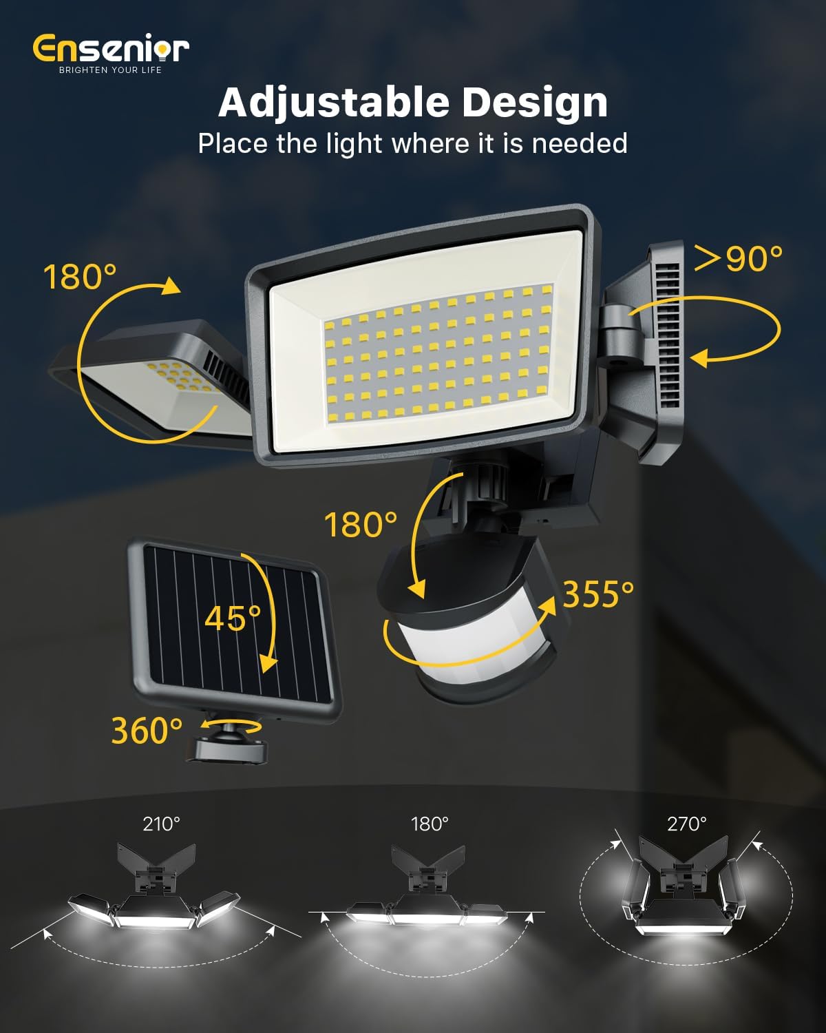 Ensenior 1800LM Solar Flood Lights Outdoor, Motion Sensor Outdoor Light 6500K, IP65 Waterproof, Separate Solar Panel, Solar Security Light with 5 Sensor Modes and 3 Adjustable Head for Yard (Black)