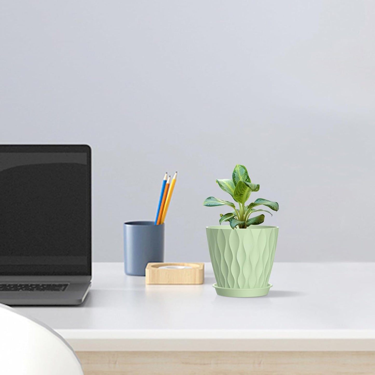 4 inch Small Plastic Nursery Pots, 5 Pack Water Ripples Plant Pots for Indoor Plants, Flower Pots with Drainage Holes and Saucers, Seeding Starter Planters for Decorative, Green