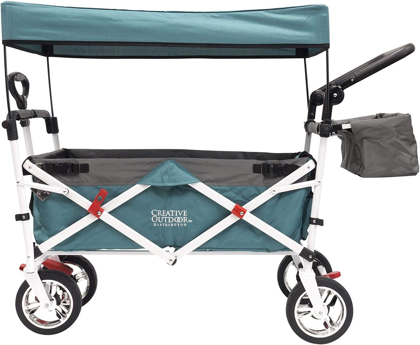 Creative Outdoor Wagon, Push and Pull Double Stroller for Toddlers & Kids with Removable Canopy and Seat Belt Harnesses, Collapsible Folding Garden Cart, Adjustable Handle, Beach Wagon (Teal)