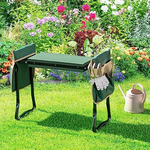 GIANTEX Garden Kneeler & Seat, Heavy-Duty Garden Bench, Green with 2 Bags