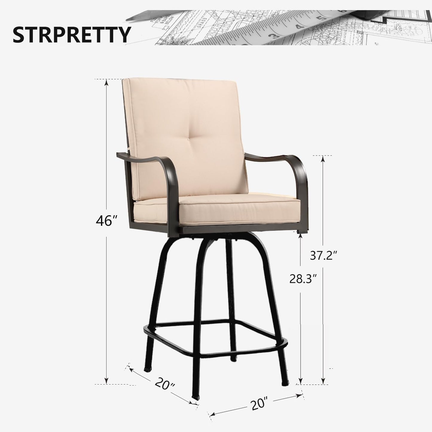 Patio Swivel Bar Stools Set of 6, Outdoor Bar Height Patio Swivel Chairs with Cushion for Garden Balcony Backyard (Beige)