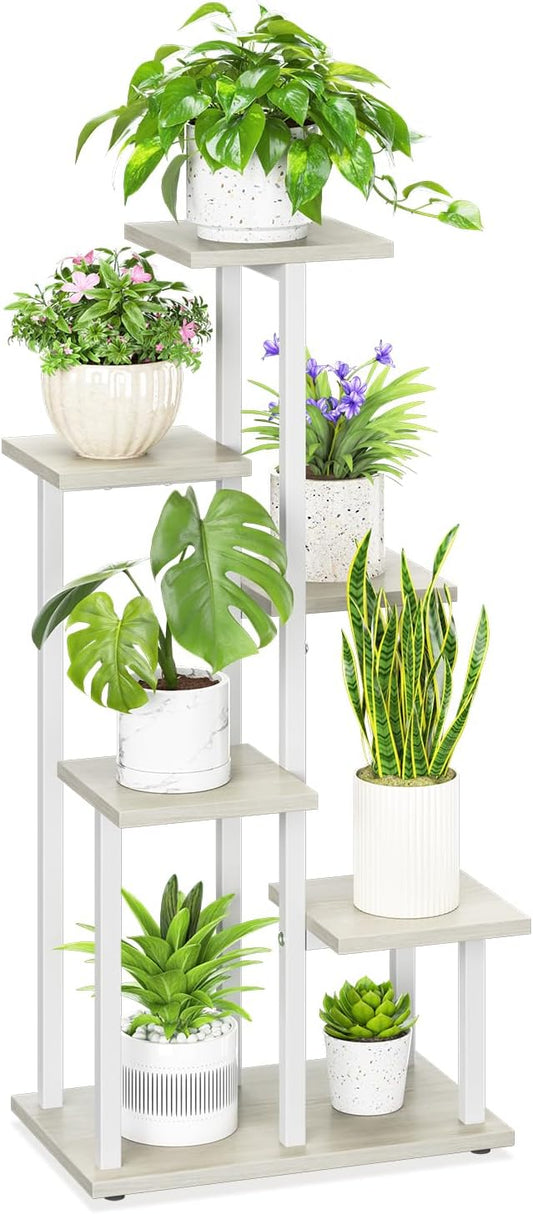 iDavosic.ly 6 Tier Plant Stand Indoor, Tiered Corner Plant Shelf for Multiple Plants, Metal Wood Tall Plant Display Rack Flower Holder for Patio Porch Garden Balcony Bedroom, White