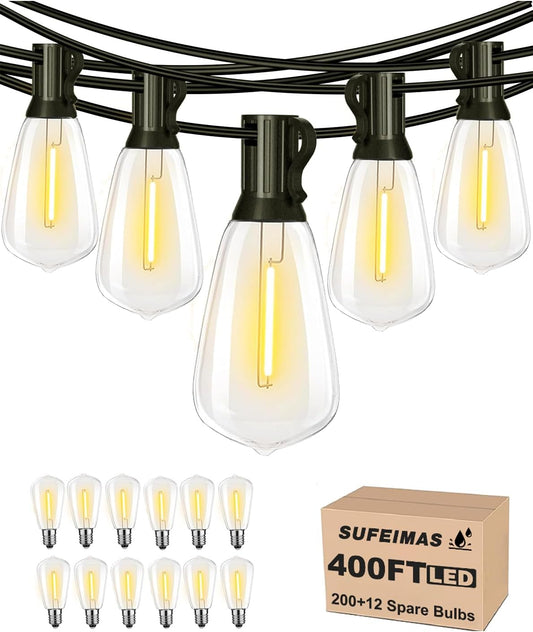 SUFEIMAS Outdoor String Lights Waterproof 400FT (100ft*4) shatterproof Patio Lights for Outside with 212 Vintage dimmable LED Edison Bulbs,Backyard Lights for Fence Garden,Balcony Porch Party Bistro
