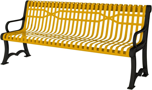 Coated Outdoor Furniture Heavy-Duty Outdoor Bench Thermoplastic Coated, Slatted Steel, Commercial-Grade Garden Bench, Made in America (Portable with Back, 4 Ft, Yellow)