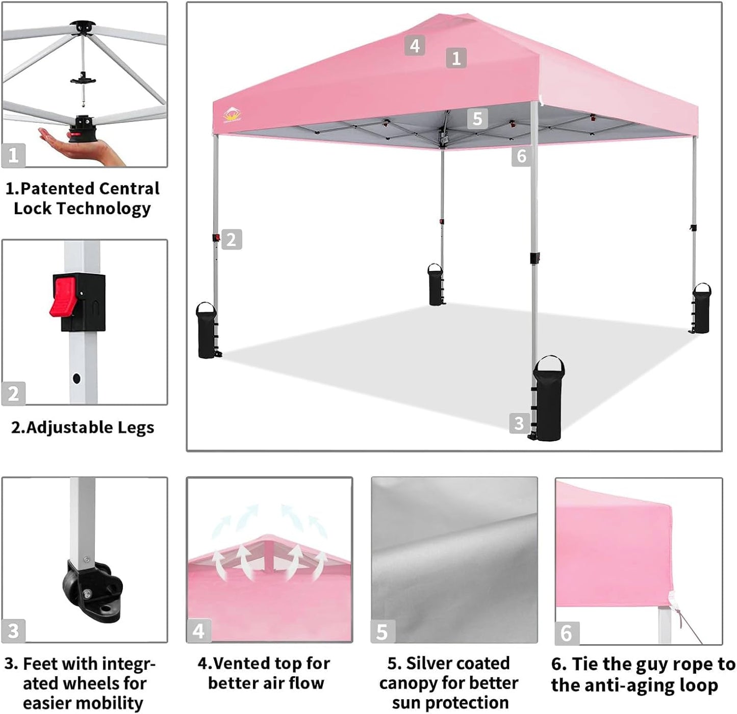 CROWN SHADES 10x10 Pop Up Canopy - Beach Tent with One Push Setup - Easy Outdoor Sun Shade for Events, Parties, Camping - Gazebo with STO-N-Go Cover Bag, Silver Coated Top, Pink