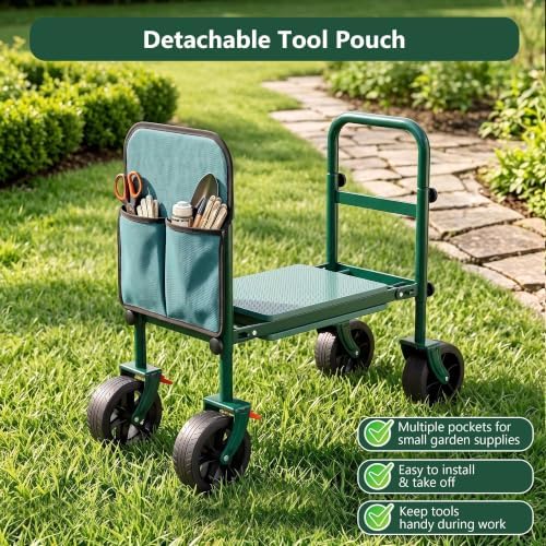 Foldable Garden Seat with 360° Swivel Brake Reversible Wheels