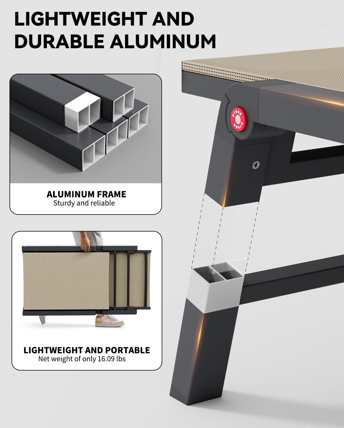 Chaise Lounge Chair Outdoor Aluminum Patio Lounge Chair with 5 Adjustable Positions Folding Pool Lounge Chairs Assemble-Free Beach Lounge Chair for Patio, Pool, Indoor and Outdoor Flaxen