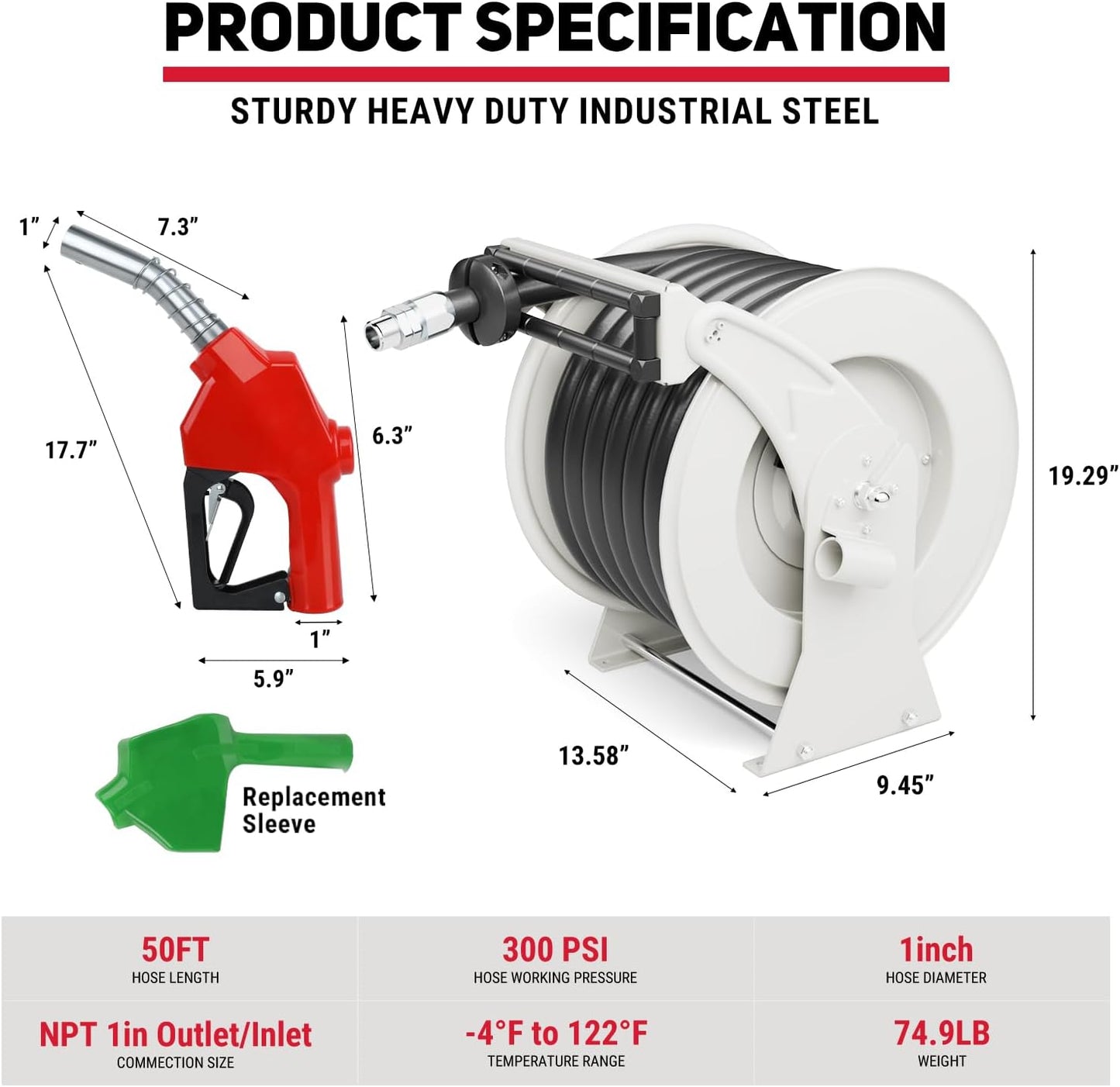 Diesel Fuel Hose Reel Retractable 1" x 50' with Fueling Nozzle Diesel Hose Reel 300 PSI Industrial Auto Swivel Heavy Duty Steel Construction for Farm Ship Vehicle Tank