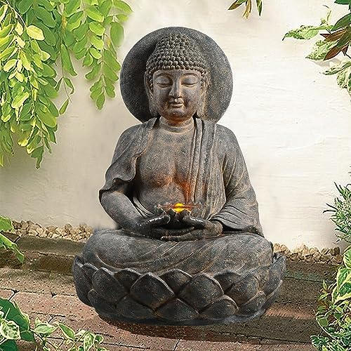 Teamson Home Buddha Zen Statue Water Fountain, Stone Gray