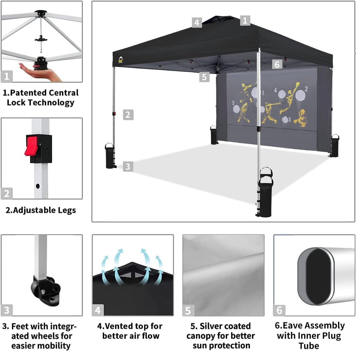 CROWN SHADES 10x10 Pop Up Canopy Tent with Game Netting - Beach Tent with One Push Setup - Outdoor Sun Shade for Events, Parties, Camping with STO-N-Go Cover Bag, Silver Coated Top, Black