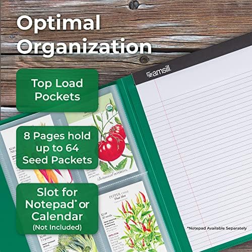 Samsill Seed Organizer, 4 Pocket Reusable Garden Storage Protector, 3.5" x 5" Clear Sleeves, Planner, 32 Pockets, Holds Up to 64 Packets, Green