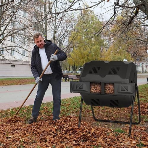 Outdoor Dual Chamber Tumbling Composter - 43 Gallon Compost Tumbling Bin,360° Compost Tumbler Bucket Trash Can,Composter BPA Free Dual Chamber Composting Rotating for Garden Yard (Black)…