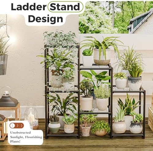 Bamworld Black Plant Stand Outdoor Metal Plant Shelf for Multiple Plants