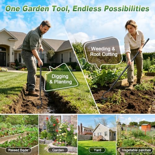 Garden Hoe, Gardening Tool for Weeding, Digging, Cultivating with Pointed Head, Curved Neck, 59 in Back-Saving Long Handle, Heavy Duty Hand Hoe for Loosening Soil Around Plants, Yard, Farm, Landscape