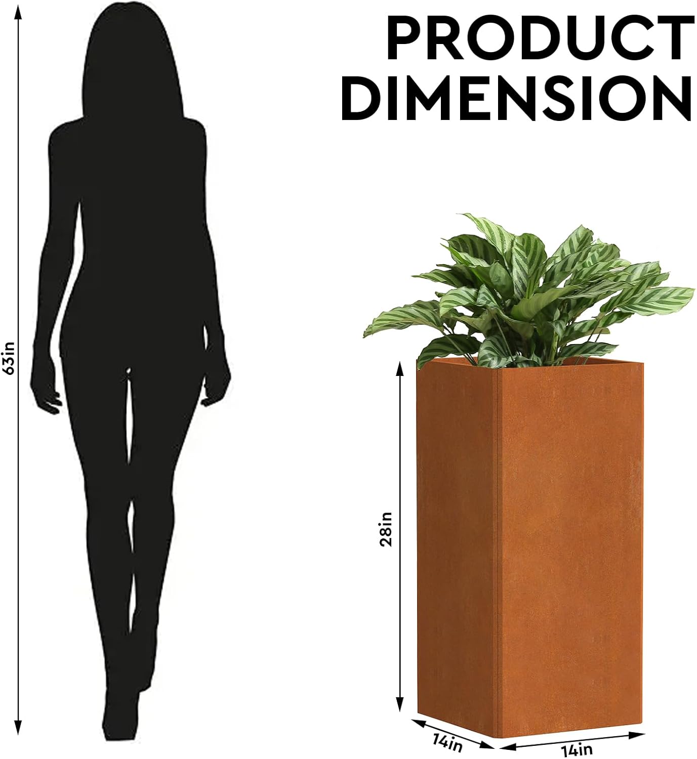 28 Inch Co rten Steel Planter-Modern Square Metal Outdoor Planters for Front Porch, Patio & Garden -Large Tall Planters (14" L X 14" L X 28" H)