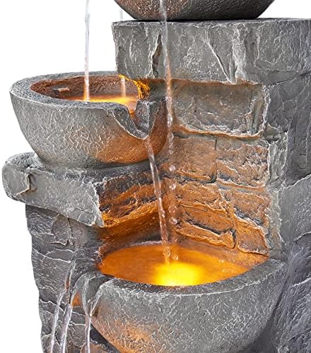 Teamson Home 33.25 in. Cascading Bowls and Stacked Stones LED Outdoor Water Fountain for Gardens, Landscaping, Patios, Balconies, and Lawns for a Calming Oasis in Outdoor Living Spaces, Stone Gray