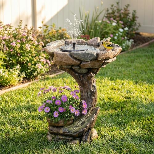 Solar Power Bird Bath Fountain Outdoor with Stone & LED Lights, Resin Bird Water Fountain, 24" Garden Water Feature, Electric Outdoor Water Fountain for Patio Yard