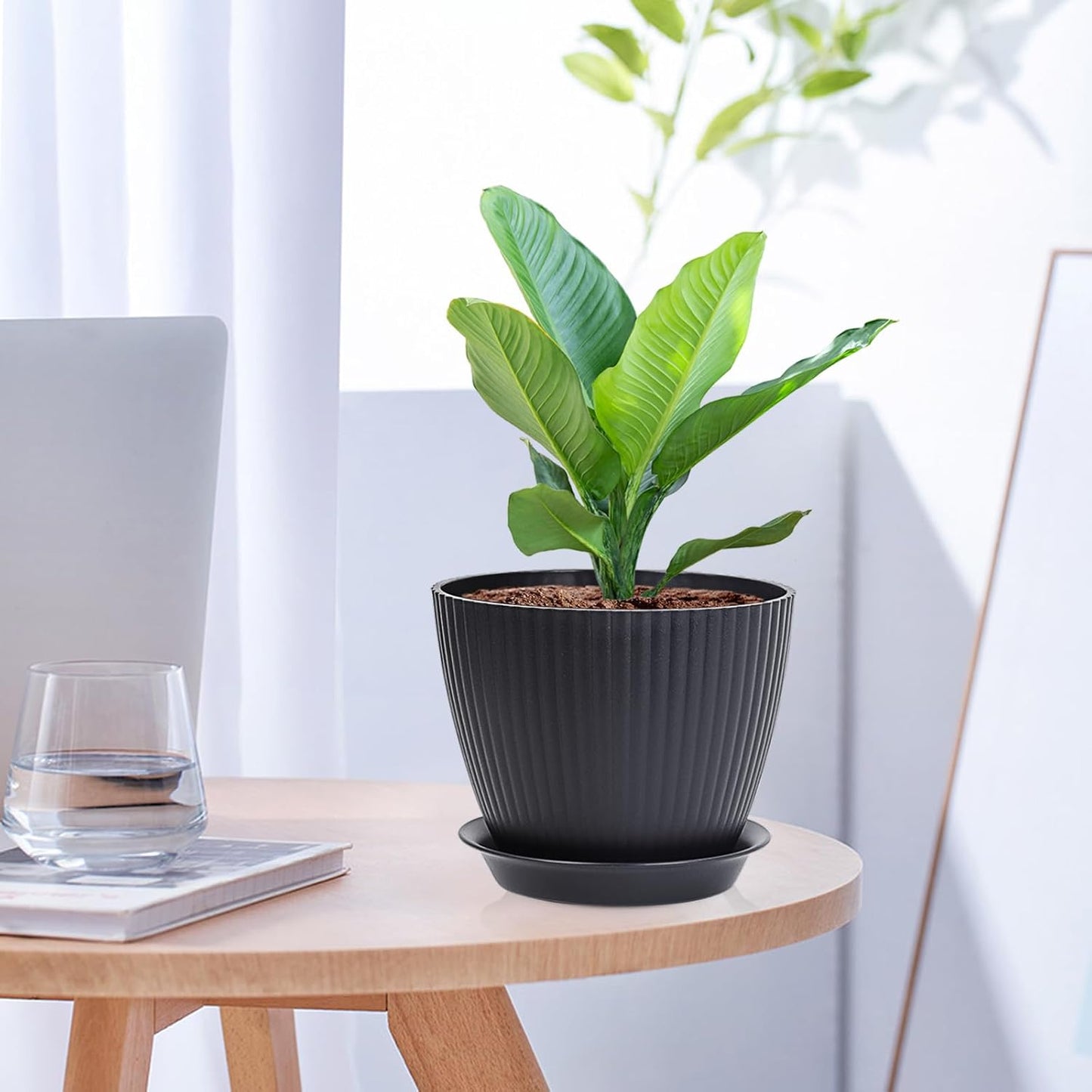 7/6.2/5.5/5/4.5/4 inch Flower Pots, 6 Pack Plant Pots for Small Indoor Outdoor Plants, Plastic Planters with Drainage Holes and Saucers for Garden Succulent House Plants, Black