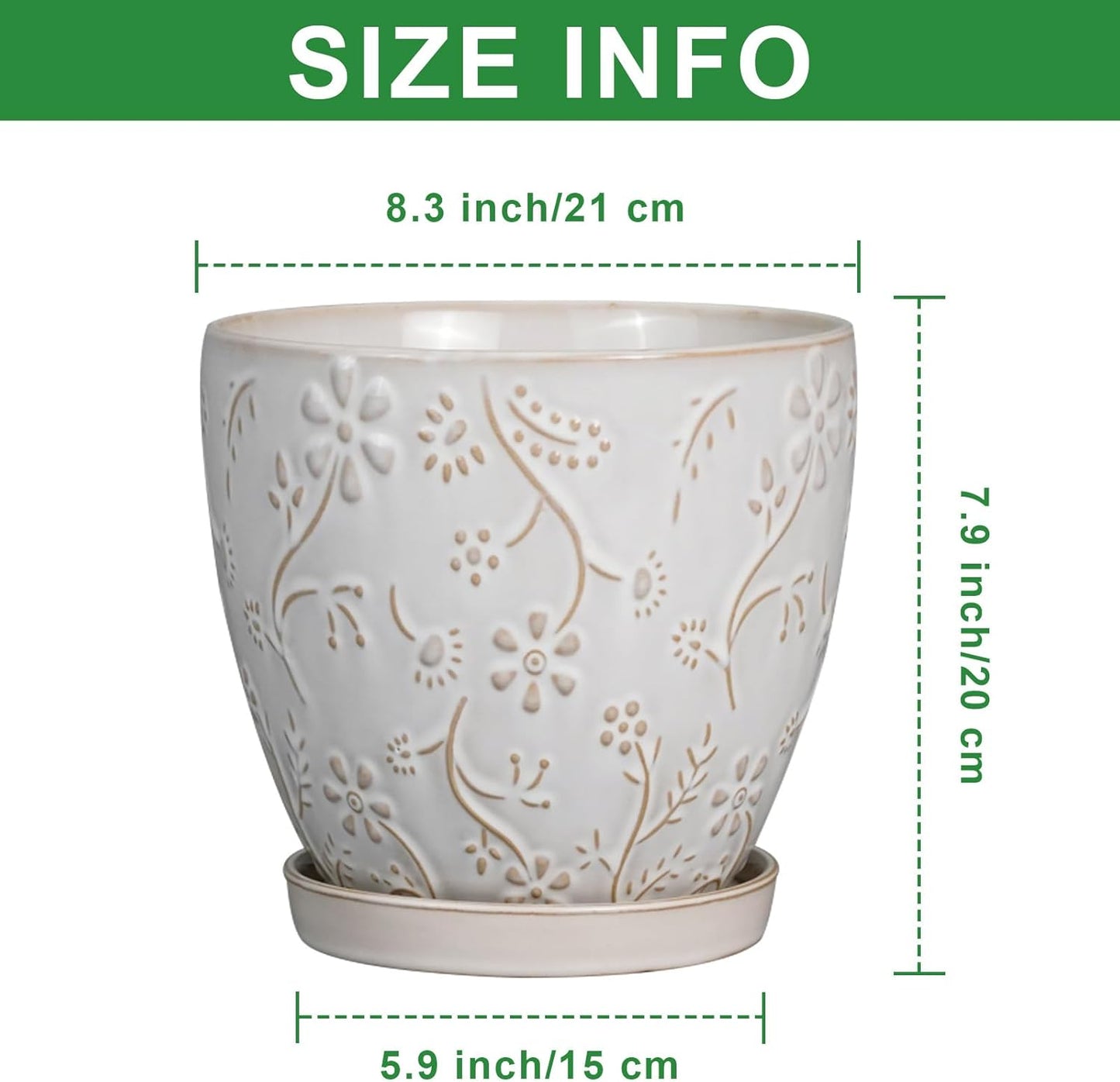 8 Inch Ceramic Pots for Plants Large Planter Pot with Drainage Hole and Saucer Round Flower Pot for Indoor Outdoor Decor, White