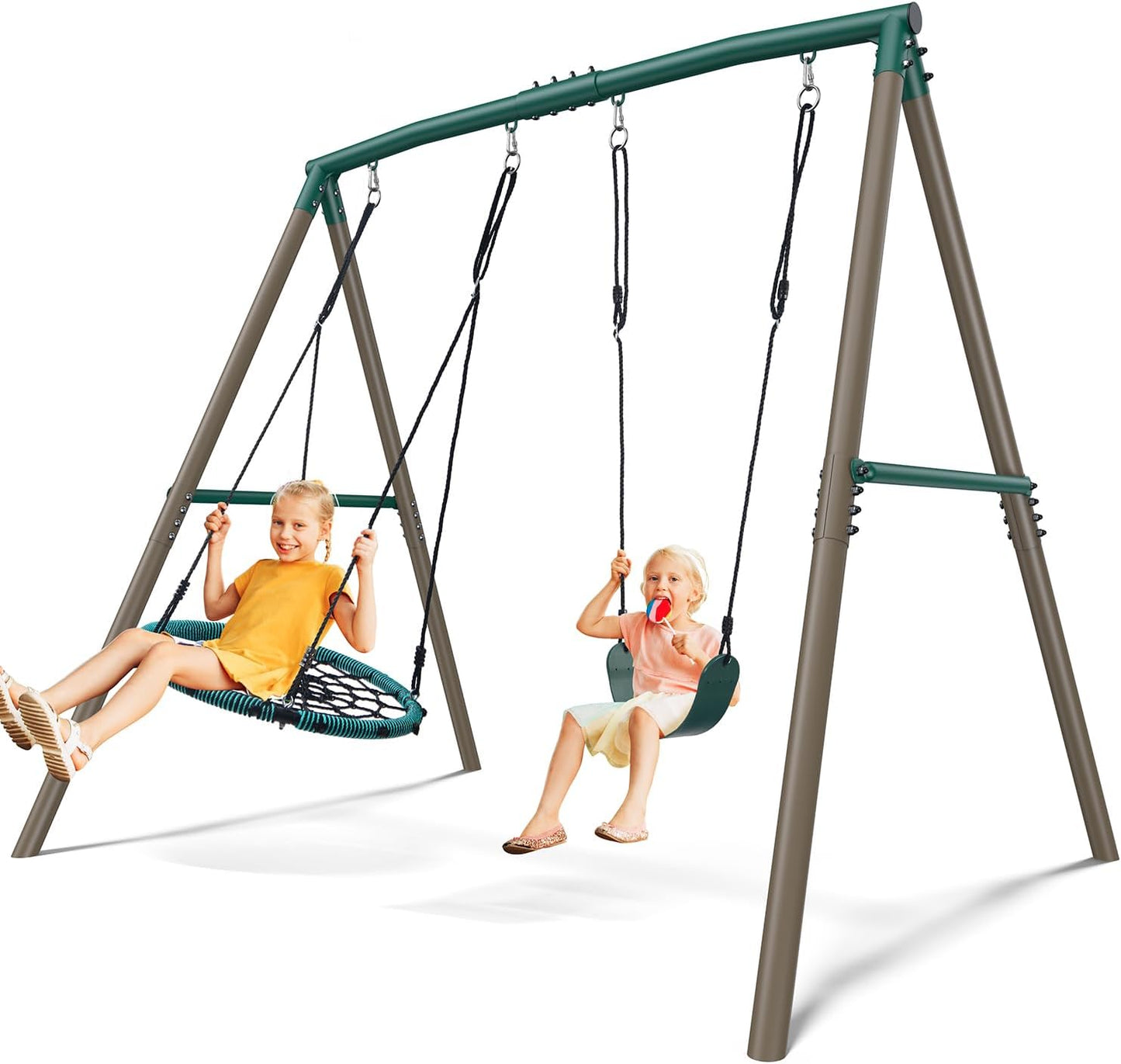 Hapfan 7.5ft Tall Swing Sets for Backyard, 500lbs Heavy Duty Swing Set for Kids and Adults with Spider Swing and Belt Swing, Outdoor Playground Sets for Backyards(Green and Brown)