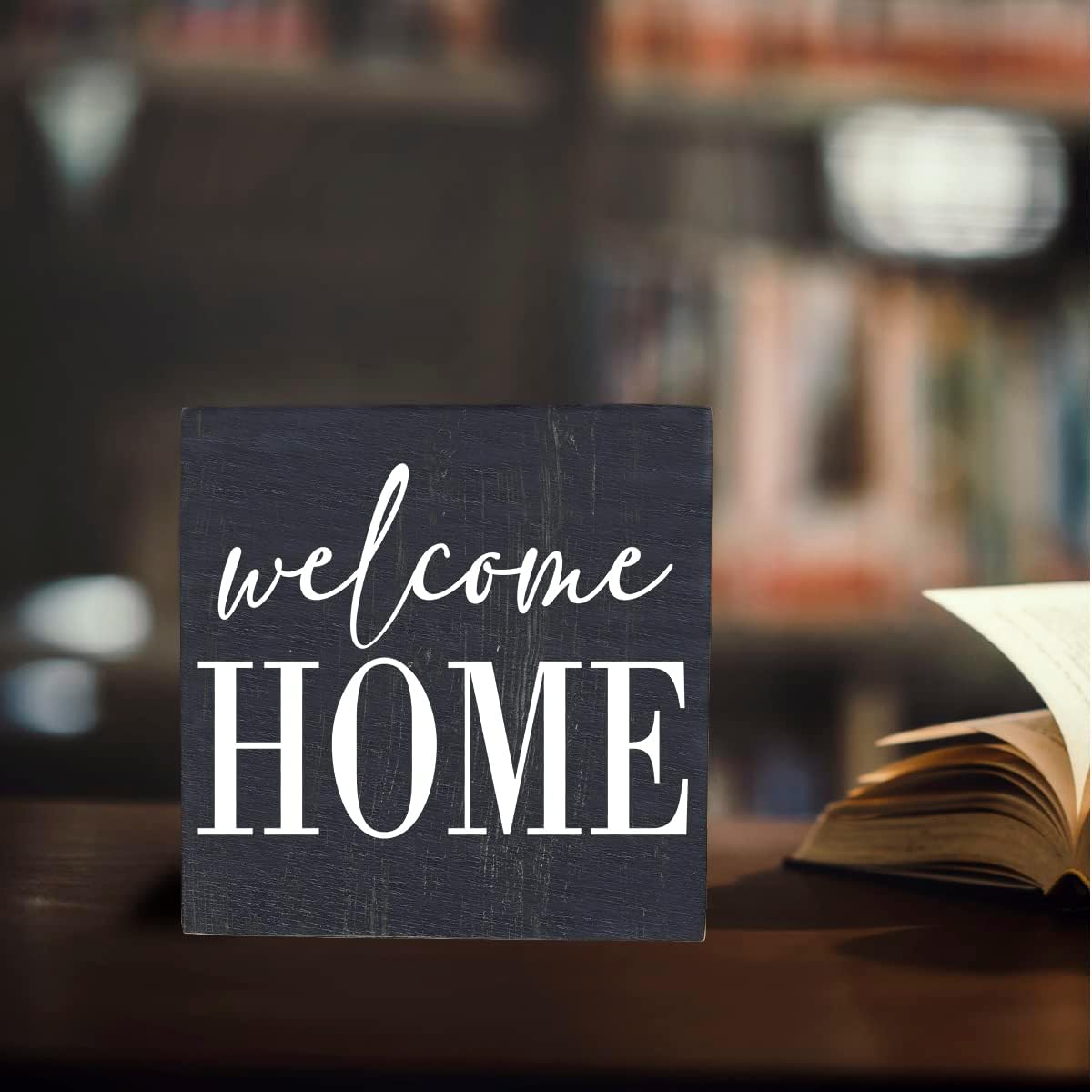 HTBIG Welcome Home Sign Home Decor Desk Decor Wooden Box Sign Rustic Black Wood Block Plaque Box Sign for Women Family Friends Farmhouse Living Room Kitchen Bedroom Shelf Table Decoration