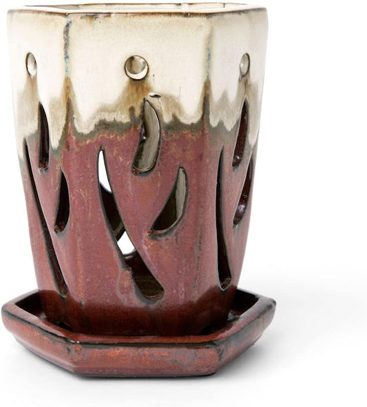 rePotme 4 x 6 inch Ceramic Orchid Pot (Honey Cream Over Copper) - Hexagon Orchid Pot with Holes
