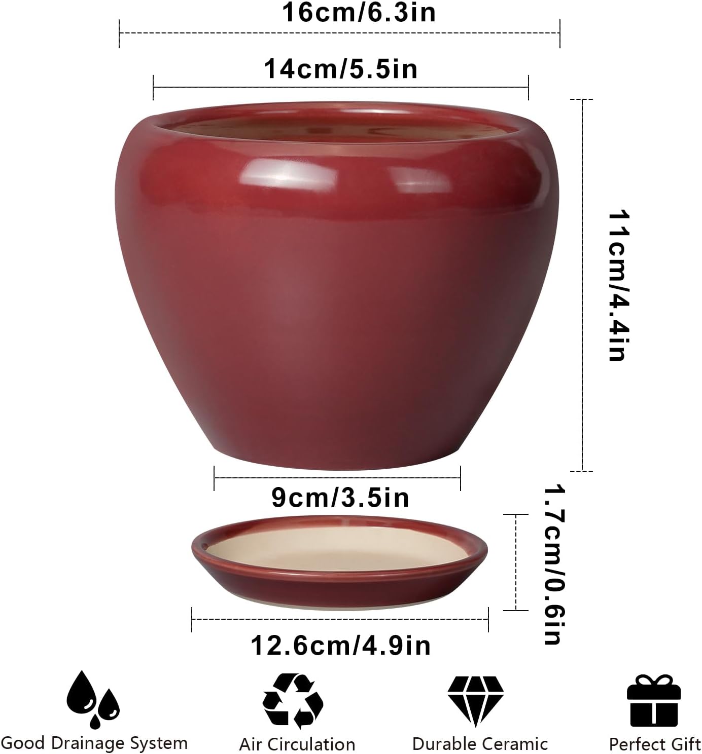 Ceramic Pot for Plants - 6 Inch Plant Pot Indoor with Drainage Hole and Saucer Succulent Outdoor Planter Round Flower Pot for House Patio Decor Red