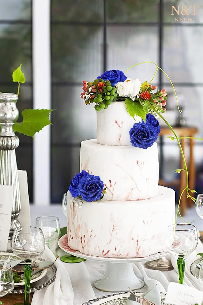 N&T NIETING Artificial Flowers Glowing Navy Blue Flowers Foam 50pcs Glitter Roses Real Looking Fake Roses with Stem for DIY Wedding Bouquets Centerpieces Bridal Shower Party Home Decorations