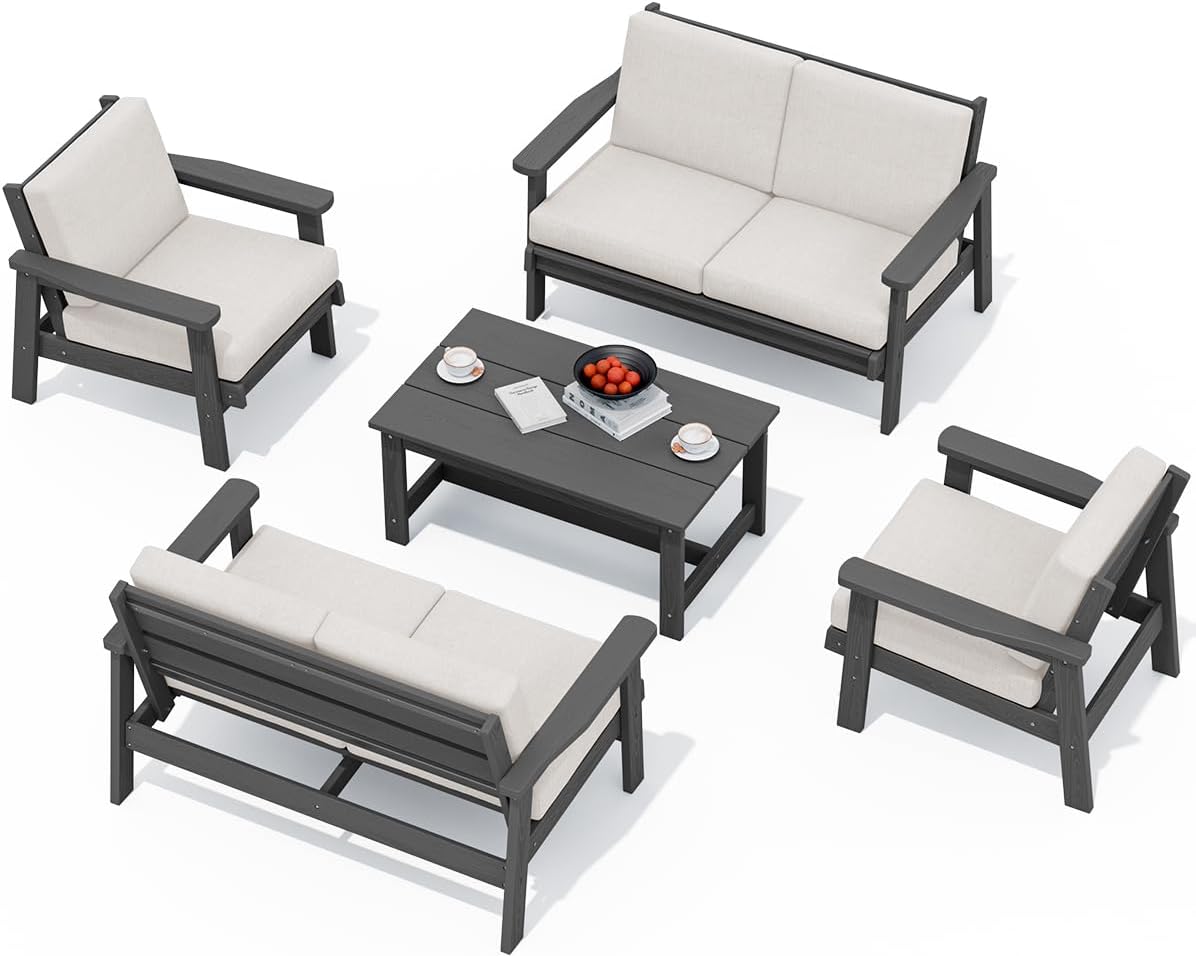 SERWALL HDPE Patio Furniture Set, 5 Piece All Weather Wood-Like Sectional Outdoor Furniture Set, Grey Patio Sofa Couch with Khaki Cushions for Deck, Lawn