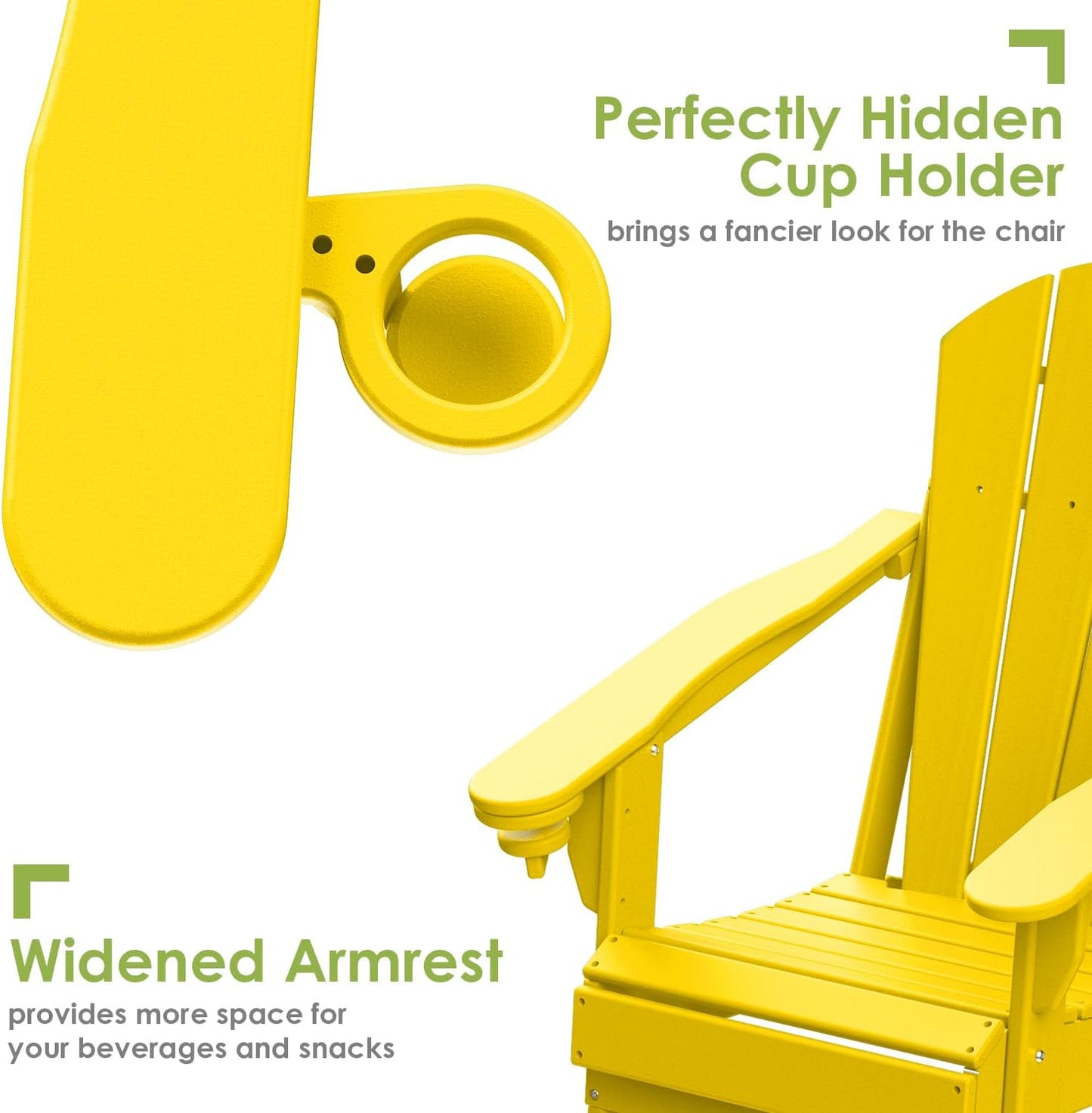 GREENVINES Folding-Adirondack-Chair | HDPE Plastic | Fire Pit Chairs | All Weather | Cup Holder | Yellow | for Deck Backyard Patio Outdoor Garden