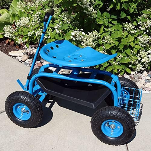 Sunnydaze Garden Seat with Wheels and Adjustable Handle, Blue