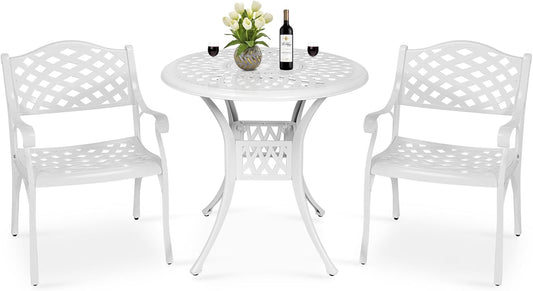 MEETWARM 3 Piece Patio Bistro Set, Outdoor All-Weather Cast Aluminum Dining Furniture Set Includes 2 Chairs and a 31” Round Table with Umbrella Hole for Garden Deck, White