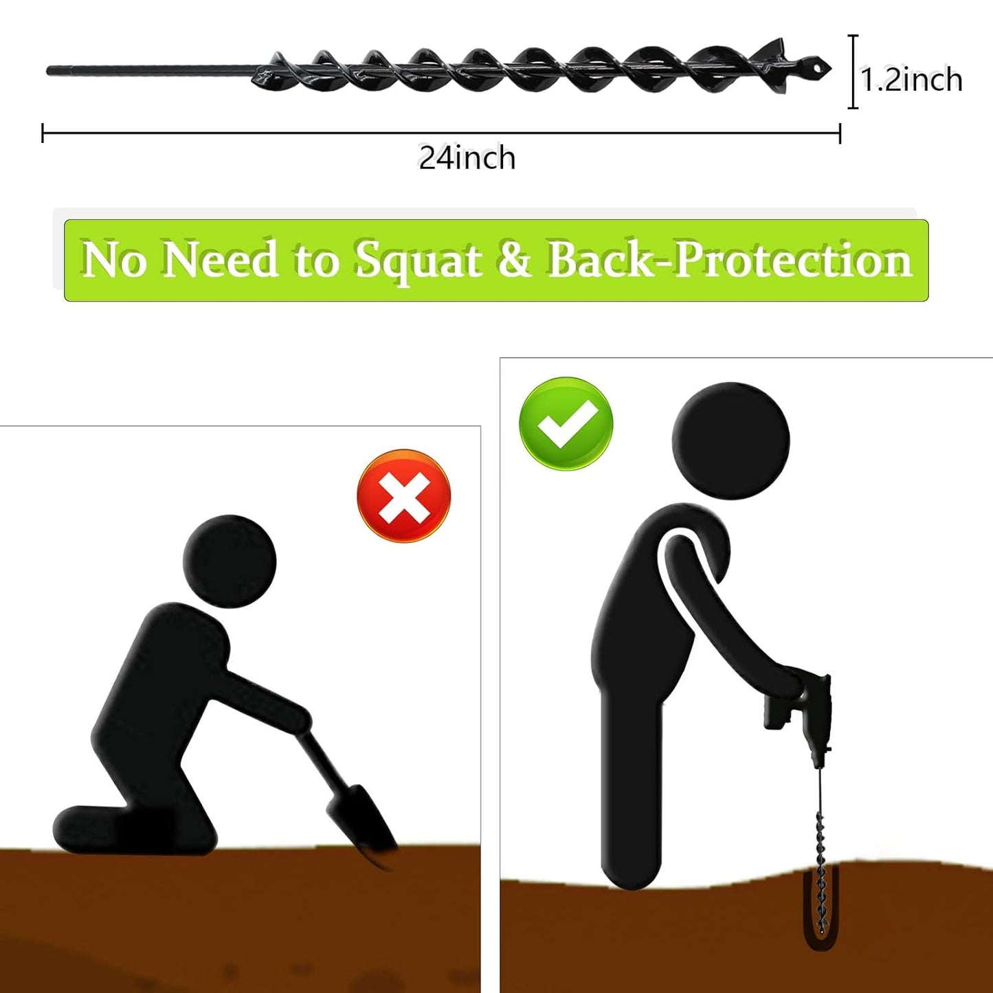 TCBWFY 24 Inch Auger Drill Bit for Planting - 1.2"x24" Long Handle Easy Planter Garden Auger - Bulb & Bedding Plant Augers - Post Hole Digger for 3/8”Hex Drive Drill