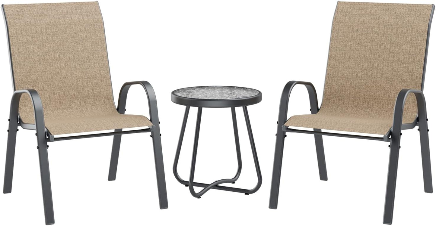 UDPATIO Patio Dining Set of 3, Outdoor Table and Chairs Set with Glass Table, 2 Stackable Patio Chairs with High Back, Outdoor Furniture Sets for Deck Garden Backyard Lawn Poolside (Brown)