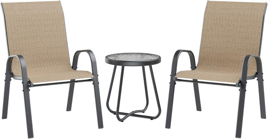 UDPATIO Patio Dining Set of 3, Outdoor Table and Chairs Set with Glass Table, 2 Stackable Patio Chairs with High Back, Outdoor Furniture Sets for Deck Garden Backyard Lawn Poolside (Brown)