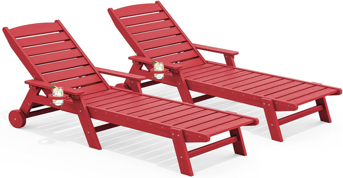 SERWALL Patio Chaise Lounge Chair Set of 2, 78'' Long 5-Positions Adjustable HDPE Outdoor Lounge Chair for Pool, Poly Lounge Chair with Rolling Wheels & Cup Holder for Poolside, Deck, Bright Red