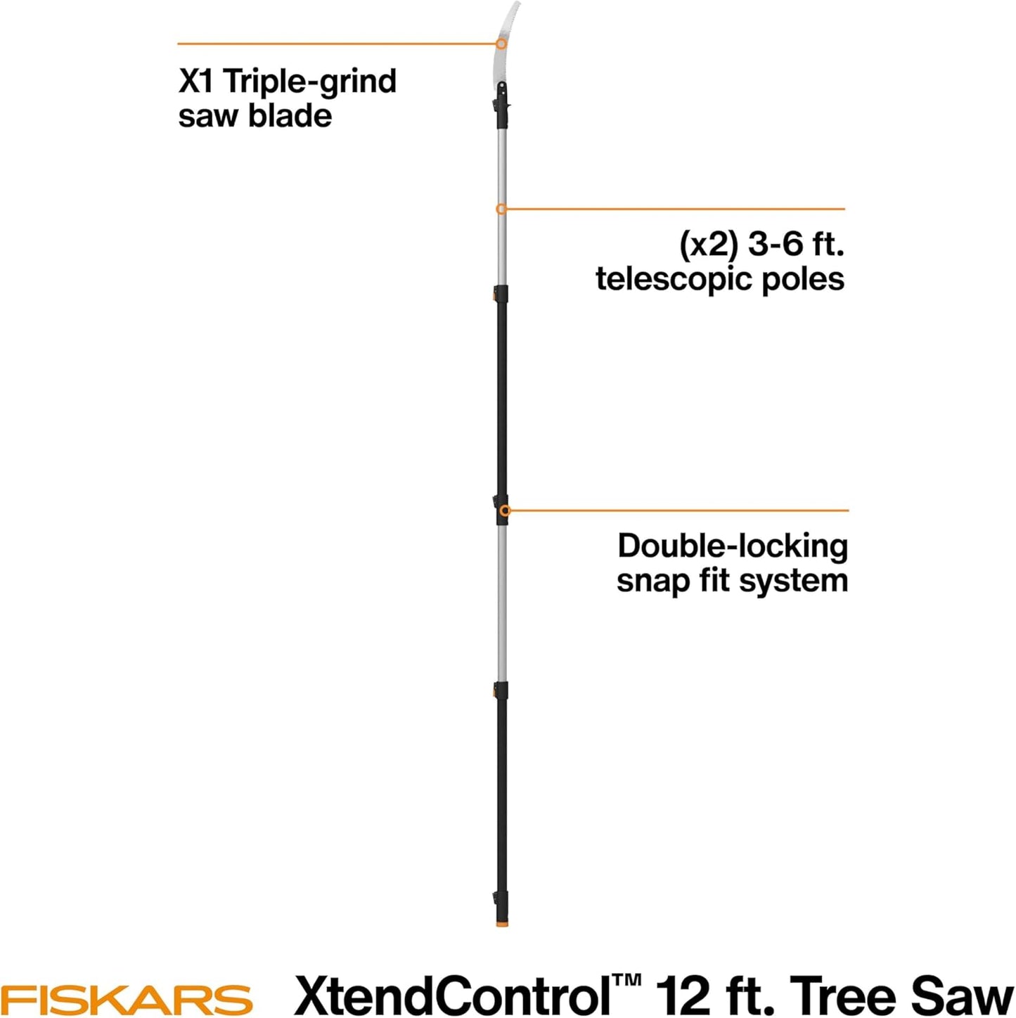 Fiskars XtendControl Extendable Tree Pruner (12 ft), Adjustable Branch Trimmer with 15" X1 Saw, 3-6 ft Extension Poles, and Secure Locking System for Precision Cutting