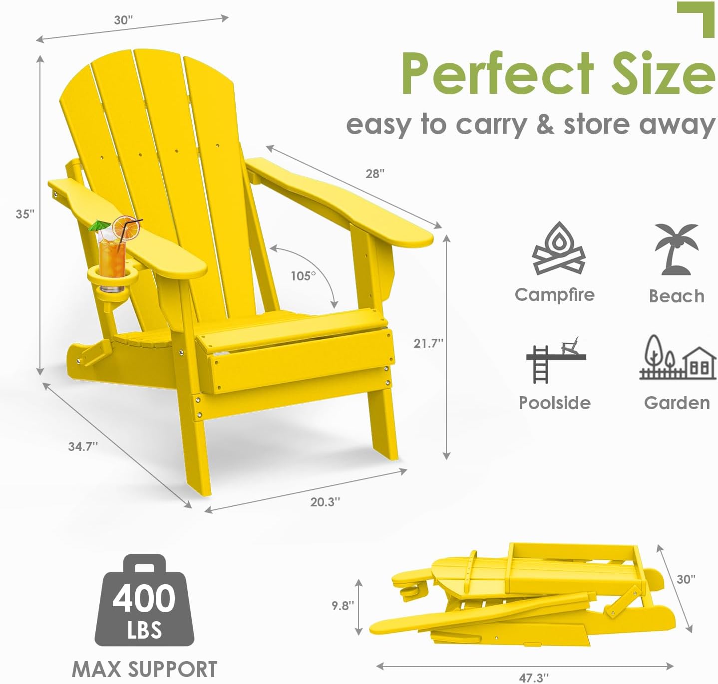 GREENVINES Folding-Adirondack-Chairs-Set-of-4 | HDPE Plastic | Fire Pit Chair | All Weather | Cup Holder | Yellow | for Deck Backyard Patio Outdoor Garden