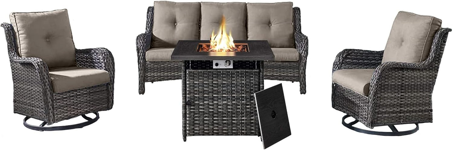 Outdoor Patio Furniture Set with 50000BTU Propane Fire Pit Table, 4 Pieces Wicker Patio Conversation Set with 2 Swivel Rocker Glider Chairs Rattan Sofa Grey Cushion Perfect for Gathering