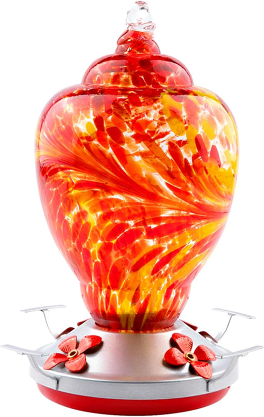 WOSIBO Hummingbird Feeder for Outdoors Patio Large 32 Ounces Colorful Hand Blown Glass Hummingbird Feeder with Ant Moat Hanging Hook, Rope, Brush and Service Card (RED)