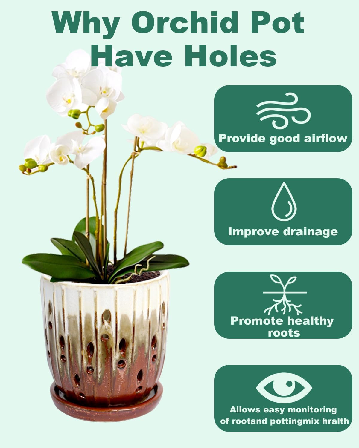 vensovo 6 Inch Ceramic Orchid Pot - Orchid Pot with Holes for Repotting, Ceramic Planter with Saucer for Indoor/Outdoor Plants, Brown