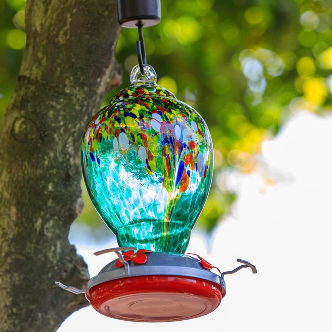 WOSIBO Hummingbird Feeder for Outdoors Patio Large 32 Ounces Colorful Hand Blown Glass Hummingbird Feeder with Ant Moat Hanging Hook, Rope, Brush and Service Card (Green)
