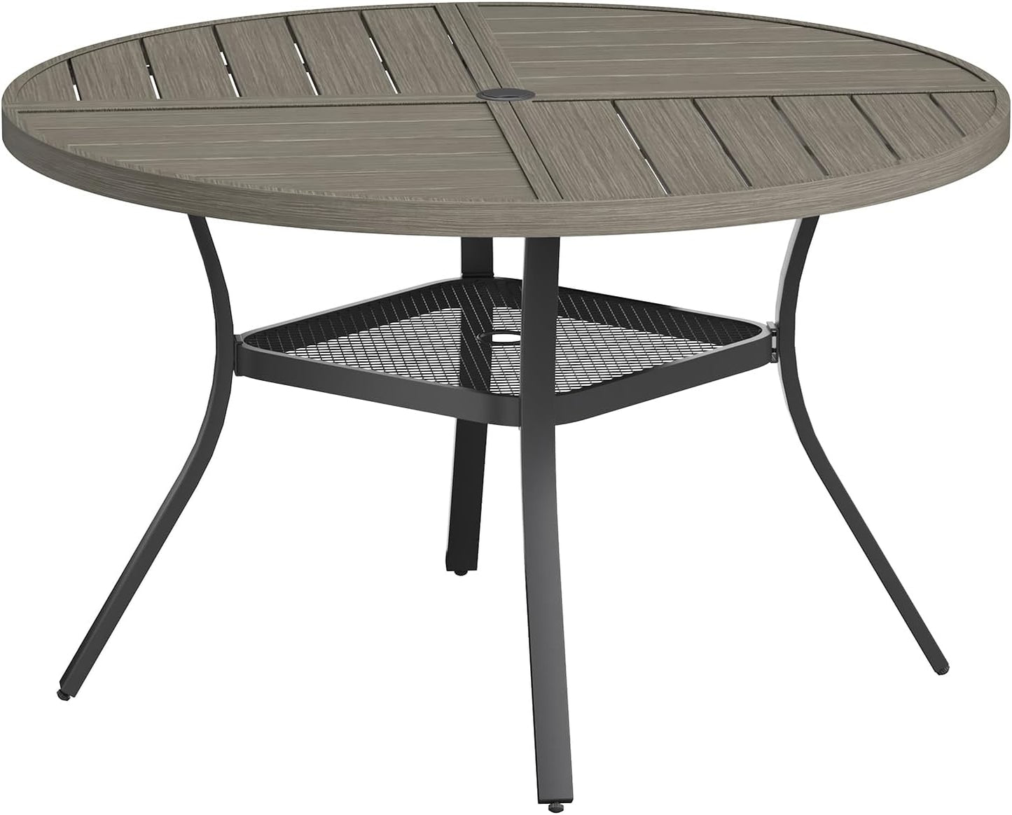 VICLLAX Round Patio Table with Adjustable Umbrella Hole for 4, All Weather Metal Outdoor Dining Table for Lawn Garden, 40.6" Outdoor Coffee Table, Grey Wood-Like Tabletop