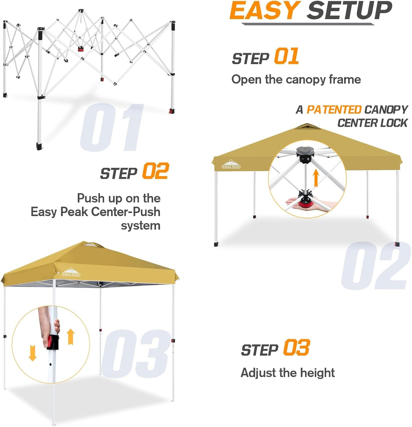 EAGLE PEAK Pop Up Canopy Tent with Wheeled Carry Bag, 8 Stakes, 4 Ropes, Easy Set Up Tent Canopy, 6.6x6.6 ft, Beige