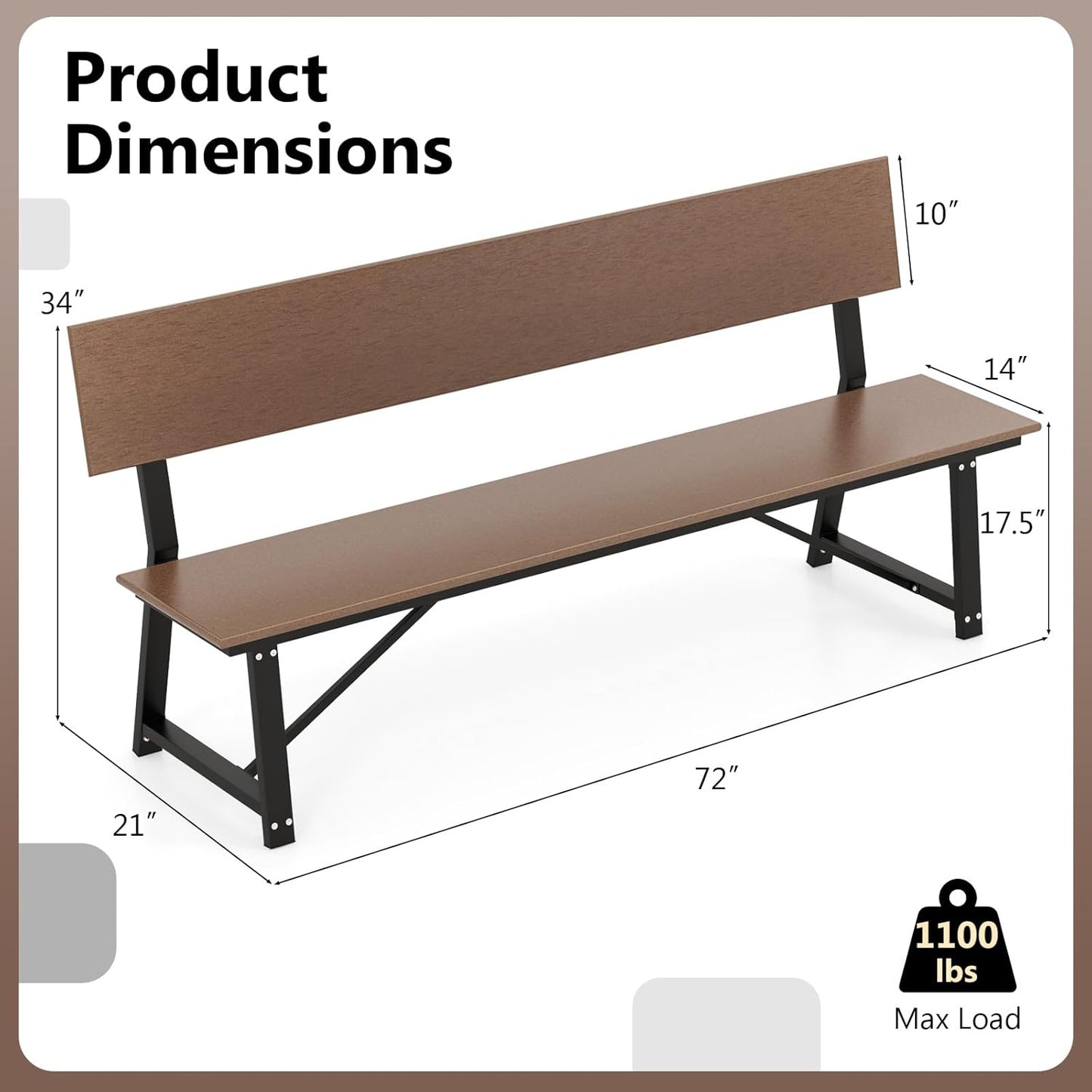 Tangkula 72” Outdoor Bench, Extra Long Patio HDPE Bench for 4 People, 1100 lbs Weight Capacity, Heavy-Duty Patio Picnic Dining Bench for Garden, Porch, Lawn, Backyard & Park