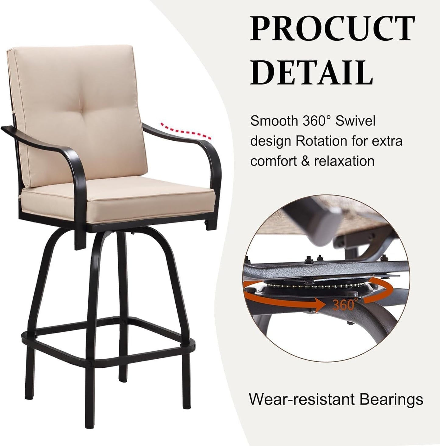 Patio Swivel Bar Stools, Outdoor High Back Swivel Bar Stool Chair Set of 2 with Cushion & All Weather Steel Frame, Beige