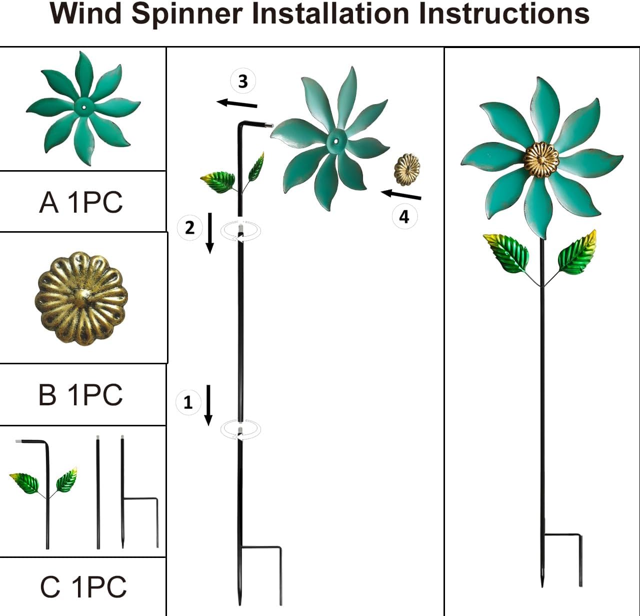 Metal Wind Spinners for Outdoor Decor - 35inch Tall Kinetic Wind Sculptures with 10inch Diameter, Durable Yard Art for Garden, Patio, Lawn - Weather-Resistant Garden Pinwheels in Vibrant Cyan