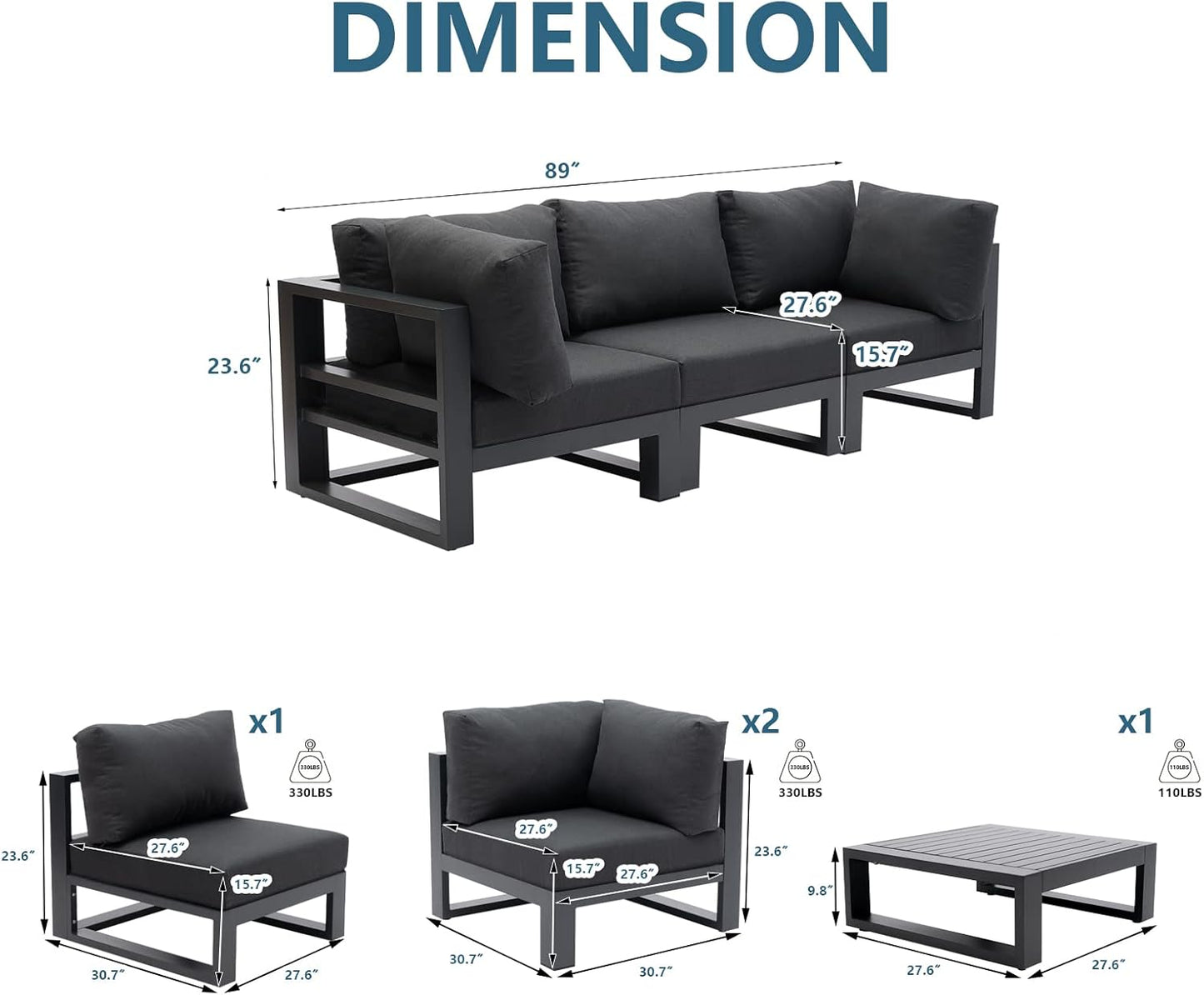 Modern 3 Seater Sofa Outdoor Sectional Sofa Set with Square Coffee Table Patio Conversation Sofa Sets for Garden Backyard, Dark Grey Cushions