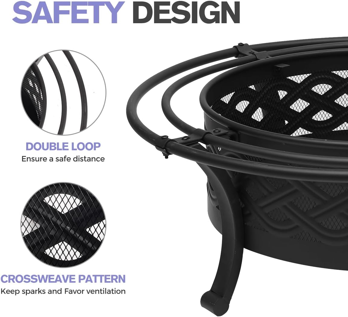 36 Inch Fire Pit with 2 Loops,Crossweave Wood Burning Fire Pits for Outside,with Spark Screen,Fire Poker,Round Outdoor Firepit for Patio,Yard,Garden,Camping,Bonfire(36''Black)